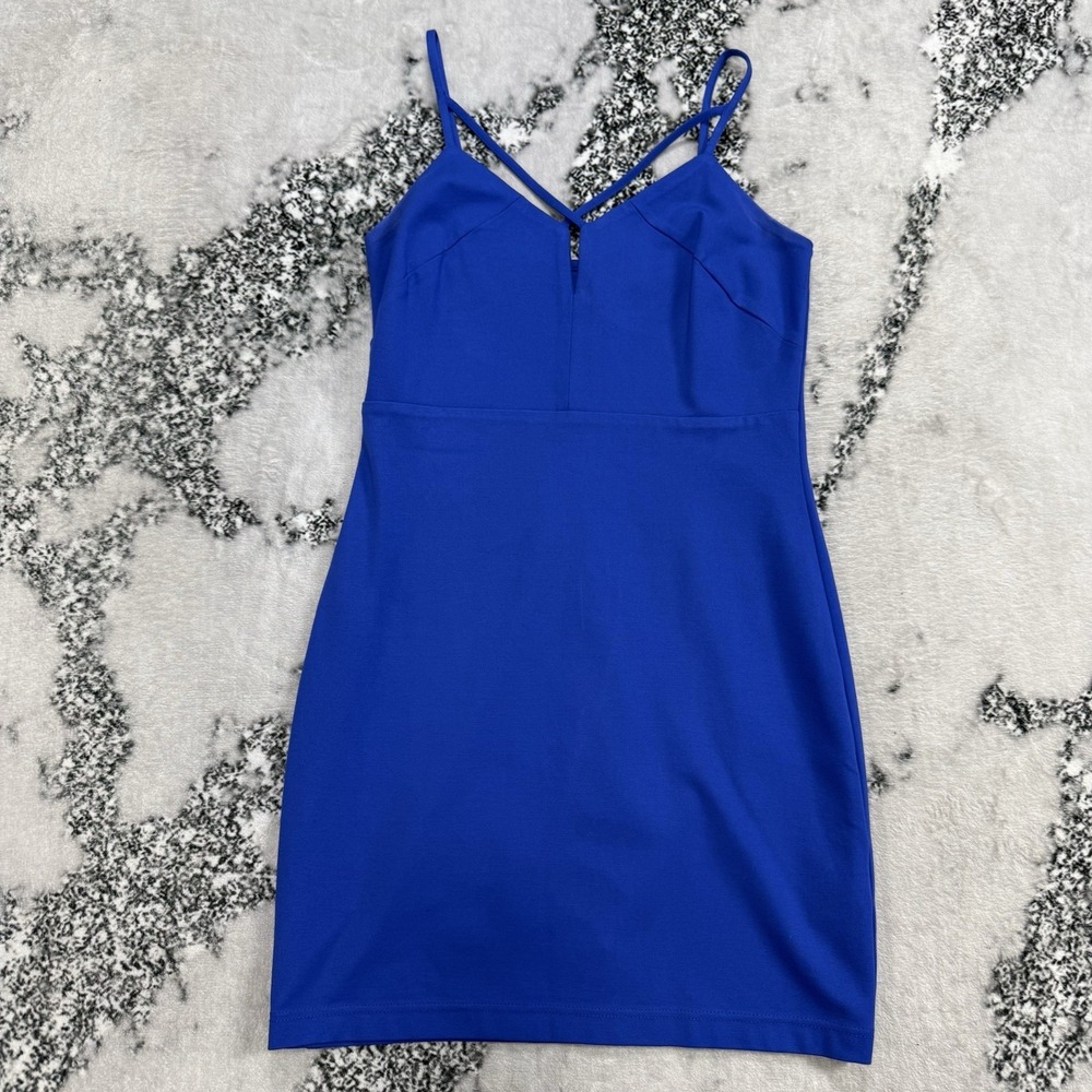 Guess Blue Bodycon Mini Dress Womens L Strappy Back Stretch Party Club Fitted